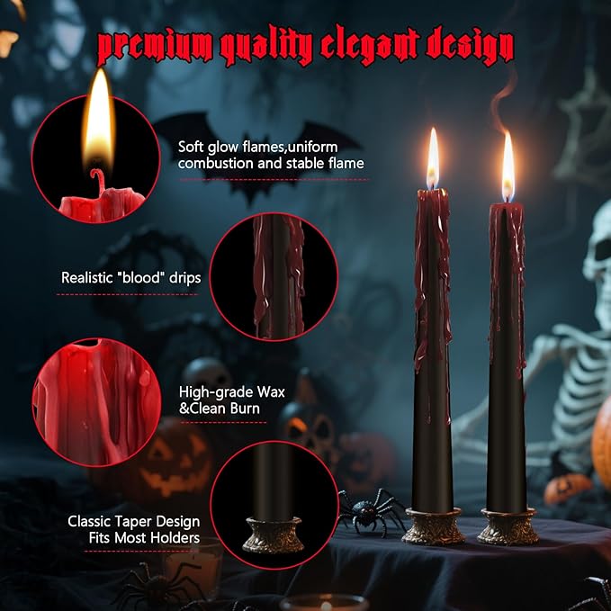 6 Pack Halloween Bleeding Candles, Black Vampire Tears Taper Candles Spooky Blood Drip Candles Set