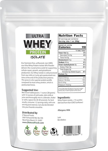 Z Natural Foods Ultra Whey Protein Isolate Powder - Pure, Unflavored, Unsweetened Whey Protein