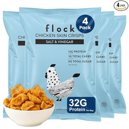 Flock Keto Chicken Skin Chips | Salt and Vinegar Flavor | Low Carb, High Protein, Sugar Free