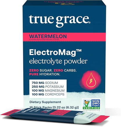 True Grace ElectroMag - 16 Stick Packs - Watermelon - Electrolyte Powder for Rapid Hydration
