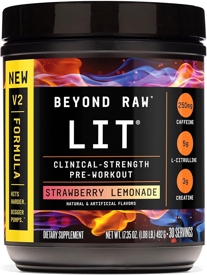 BEYOND RAW LIT V2 Clinical Strength Pre Workout Powder, Hits Harder, Bigger Pumps, Caffeine