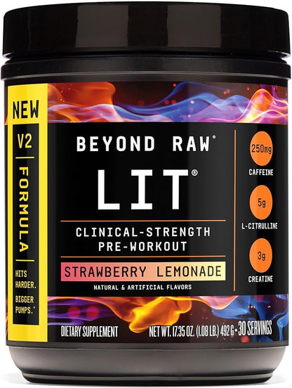 BEYOND RAW LIT V2 Clinical Strength Pre Workout Powder, Hits Harder, Bigger Pumps, Caffeine