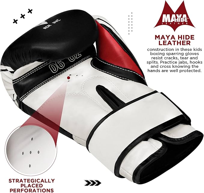 RDX Kids Boxing Gloves, 6oz 4oz Junior Training Mitts, Maya Hide Leather Ventilated Palm, Muay Thai