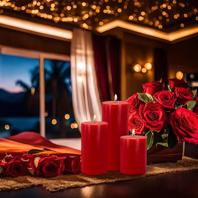 Red Pillar Candles Set of 3 - Dripless Unscented - 3x4, 3x6 & 3x8 inches Decorative Candles for