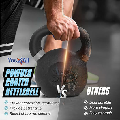 Yes4All Kettlebell, Heavy Duty Powder Coated Cast Iron Kettlebells, Non-Slip Handle & Flat Bottom