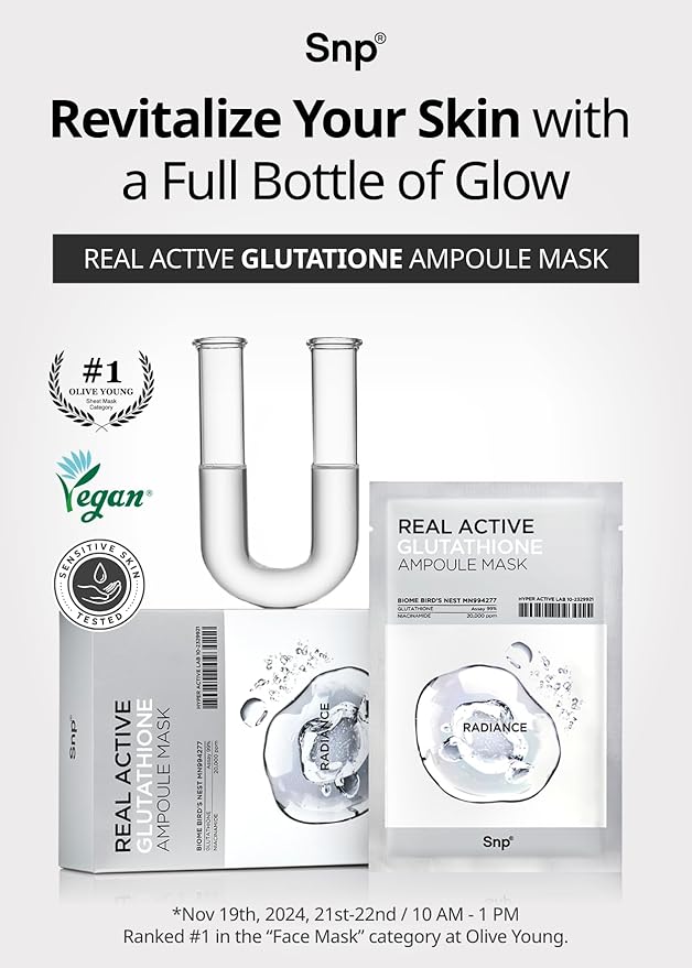 SNP Real Active Glutathione Ampoule Sheet Mask | Vegan Face Mask with Glutathione & Niacinamide |