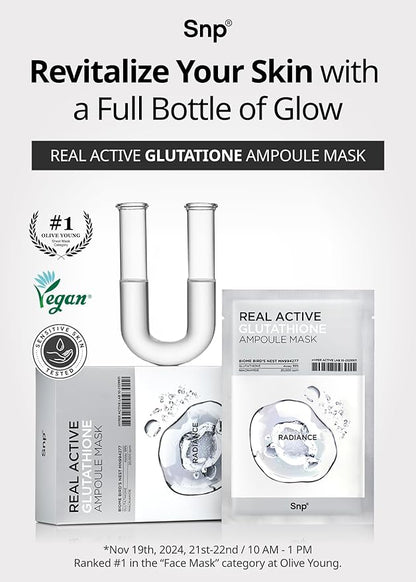 SNP Real Active Glutathione Ampoule Sheet Mask | Vegan Face Mask with Glutathione & Niacinamide |