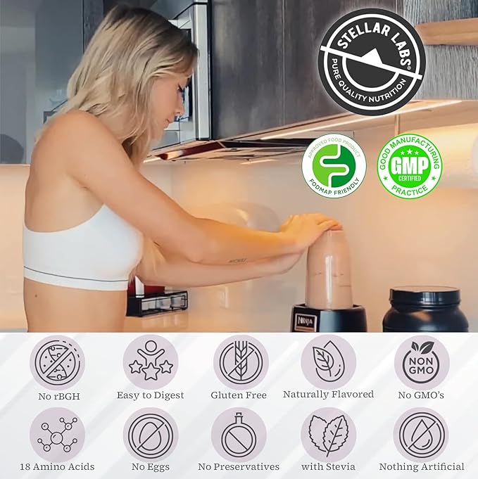 Stellar Labs Whey Protein Powder with BCAA's & Whey Isolate | Certified Low FODMAP, Non GMO, Gluten
