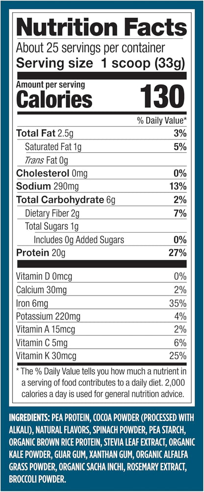 Vega Protein + Supergreens - 20g Plant-Based Protein, Chocolate, 25 Servings, Real Greens &
