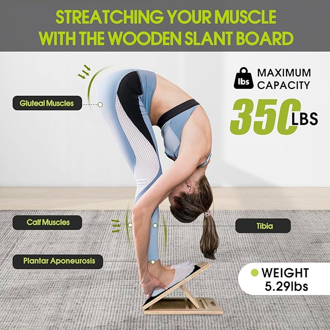 Portable Slant Board for Calf Stretching, 350 Lbs Weight Capacity, Adjustable Wooden Incline Board