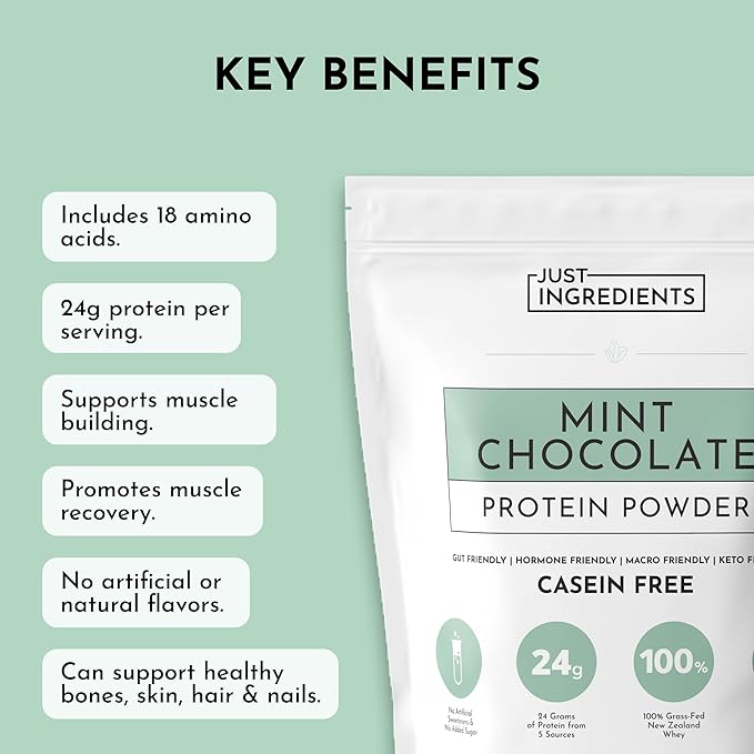 JUST INGREDIENTS Mint Chocolate Protein Powder ??30 Serving Bag ??Grass-Fed Whey & Plant Protein