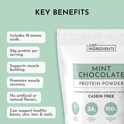 JUST INGREDIENTS Mint Chocolate Protein Powder ??30 Serving Bag ??Grass-Fed Whey & Plant Protein