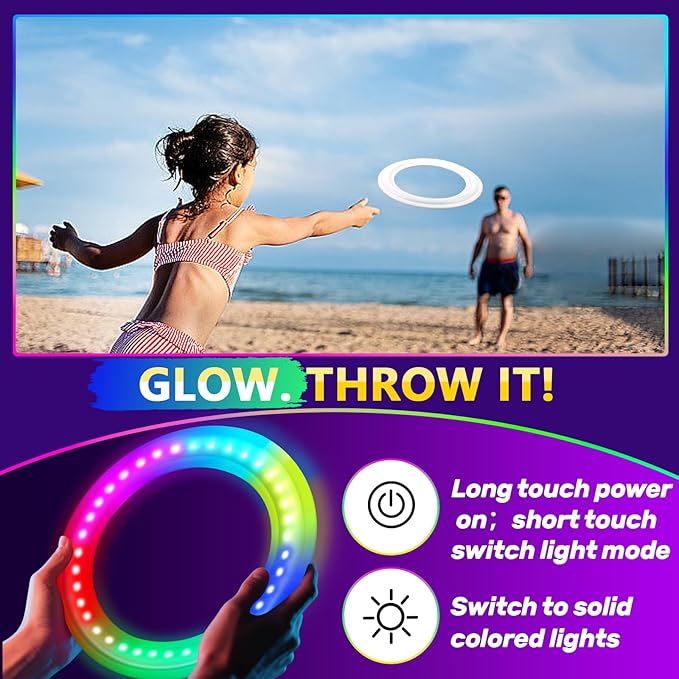 Amarlozn Light up Flying Ring Disc Toy for Kids Adults, 10" Rechargeable 12 Dynamic Modes Glow in