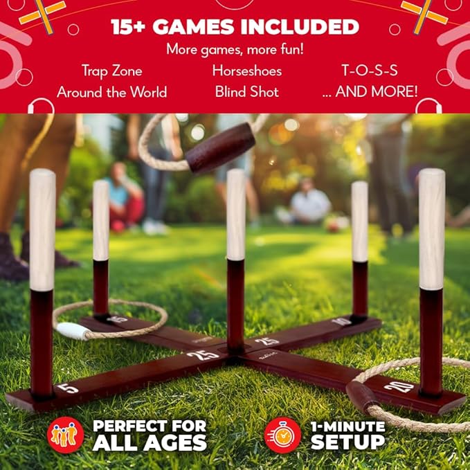 SWOOC Games - Rustic Ring Toss Game (All Weather) - Easy Setup & Extra Games Included - Ring Toss