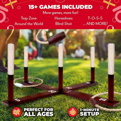 SWOOC Games - Rustic Ring Toss Game (All Weather) - Easy Setup & Extra Games Included - Ring Toss