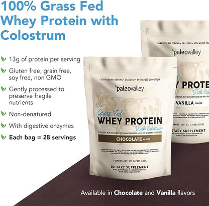 Paleovalley 100% Grassfed Whey Protein Powder with Colostrum, 13g Protein, Vanilla, Muscle