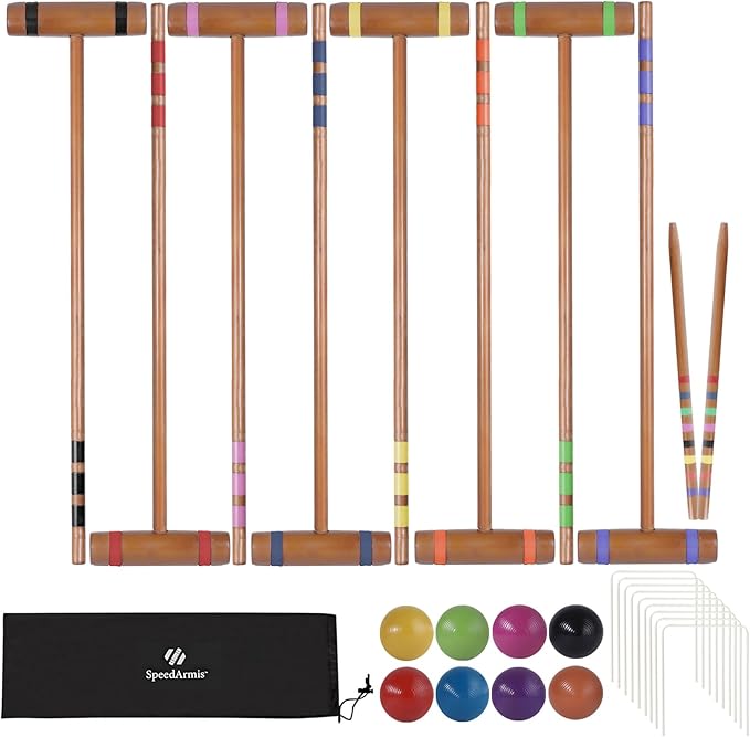 28In Croquet Party Set for 8 Players - Made of Long-Lasting Pine Wood, Family Fun for Backyards