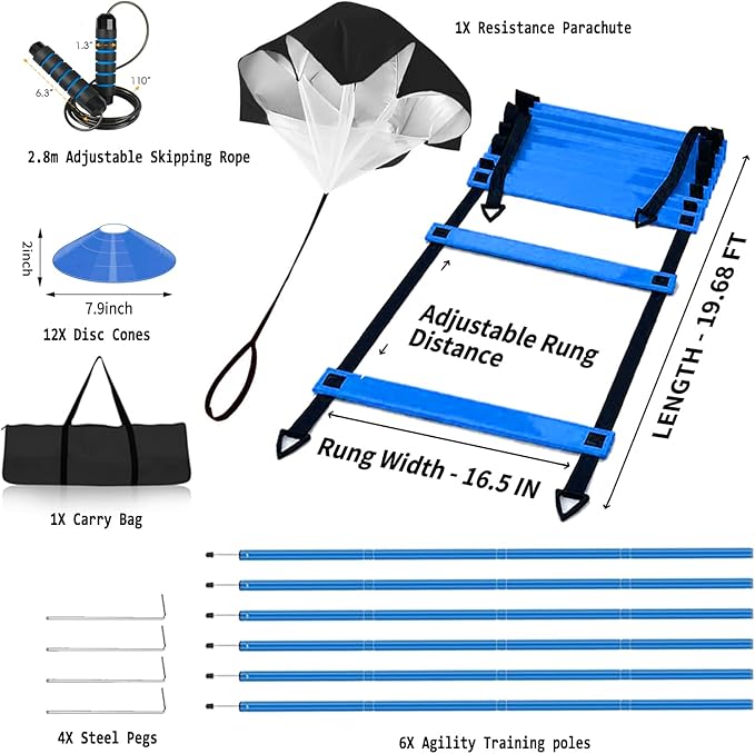 Speed & Agility Training Equipment-20ft Agility Ladder, 6 Poles, 12 Soccer Cones, Resistance