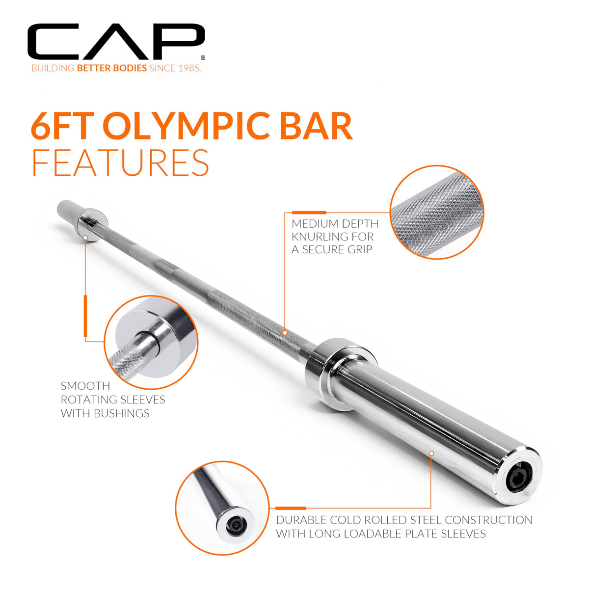 CAP 28lb 6ft Olympic Barbell, Chrome, Strength Training