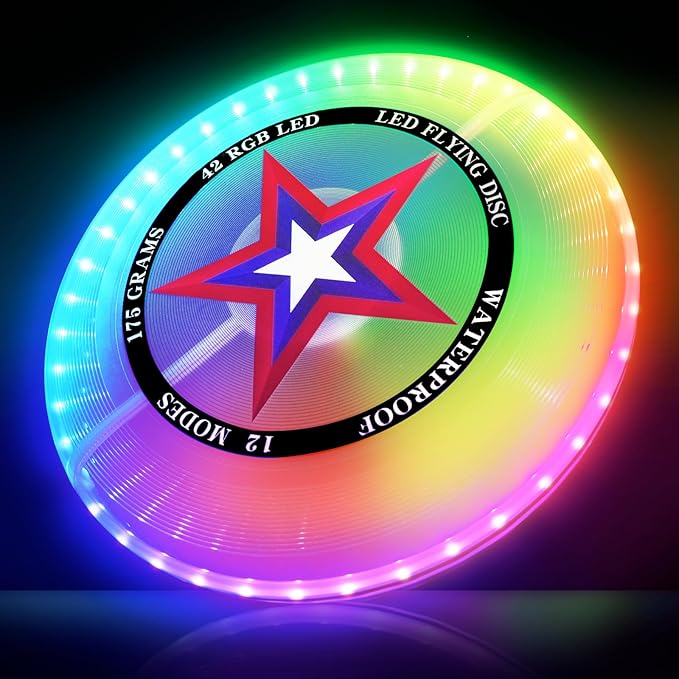 LED Flying Disc with Millions of Colors, 42 LEDs, 175g, 12 Lighting Modes, Rechargeable &