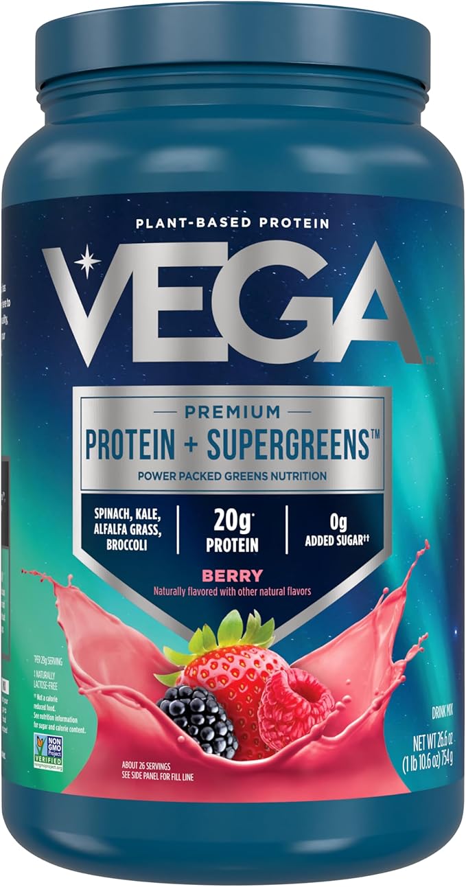 Vega Protein + Supergreens - 20g Plant-Based Protein, Berry, 26 Servings, Real Greens & Veggies