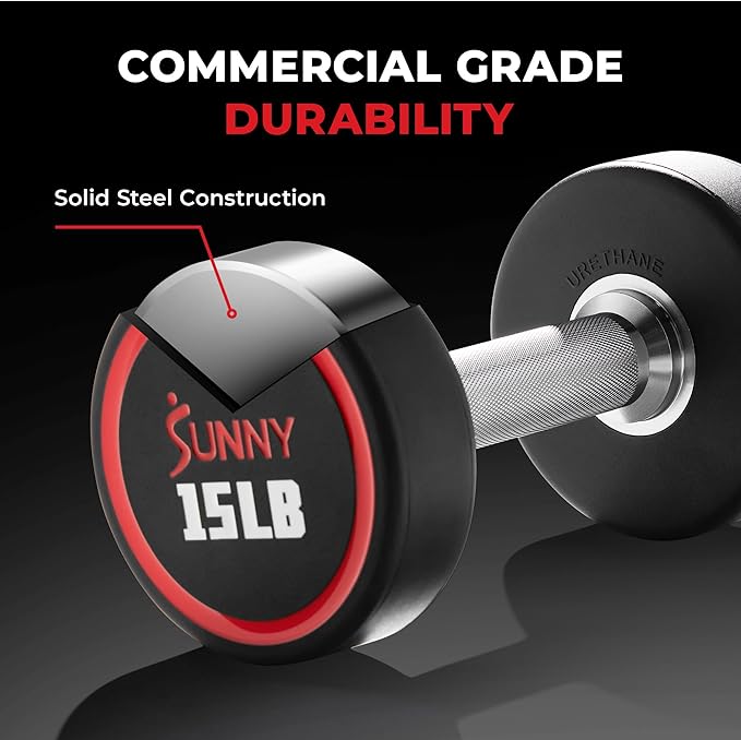 Sunny Health & Fitness Premium Polyurethane Commercial Grade Round Dumbbells with Diamond Knurled