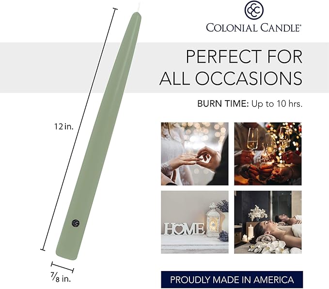 Colonial Candle Unscented Taper Candle, Handipt Collection, Colonial Classic Green, 12 in, Pack of