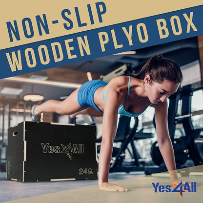 Yes4All 3 in 1 Non-Slip Wooden Plyo Box, Step Up Box for Workout, Plyometric Jump Box for Skipping