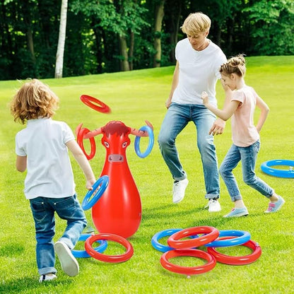 Inflatable Bull Toss Ring Game Set Include 2 Inflatable Bull 12 Rings for Summer Outdoor Beach Pool