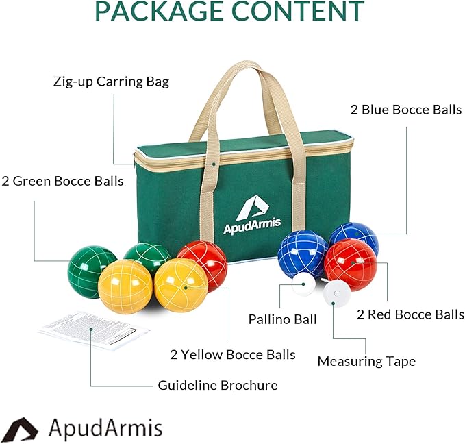 ApudArmis Bocce Balls Set, Outdoor Family Bocce Game for Backyard/Lawn/Beach - Set of 8 Poly-Resin