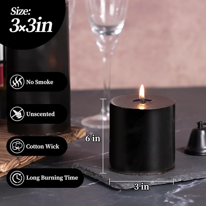 KONNI Black Pillar Candles Set of 3, 3"x 3" Unscented Pillar Candles Bulk, 30 Hours Long Burning