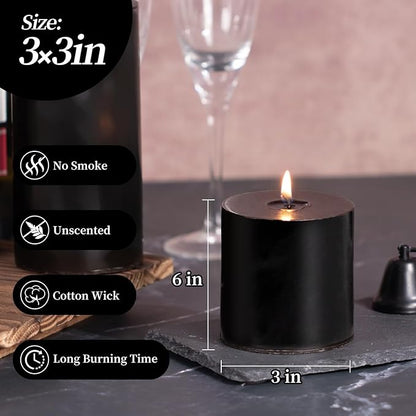 KONNI Black Pillar Candles Set of 3, 3"x 3" Unscented Pillar Candles Bulk, 30 Hours Long Burning