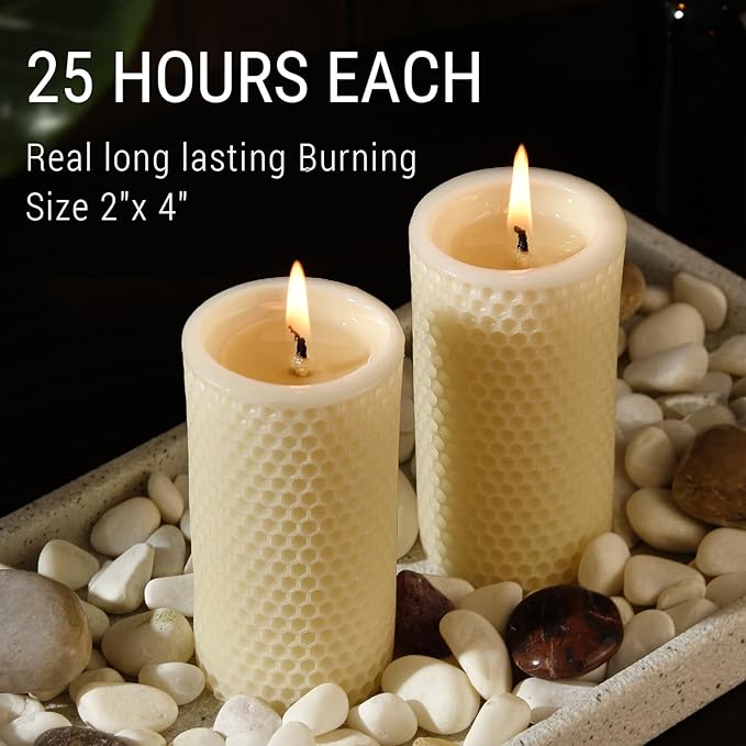 Pure Natural Beeswax Pillar Candles Bulk - Pack of 6 - Honeycomb Surface, No Scent- for
