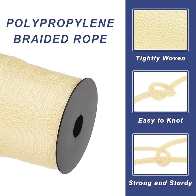 MECCANIXITY 5/32 Inch Polypropylene Rope Braided Ropes, 328ft Camping Rope Hollow Utility Cord for