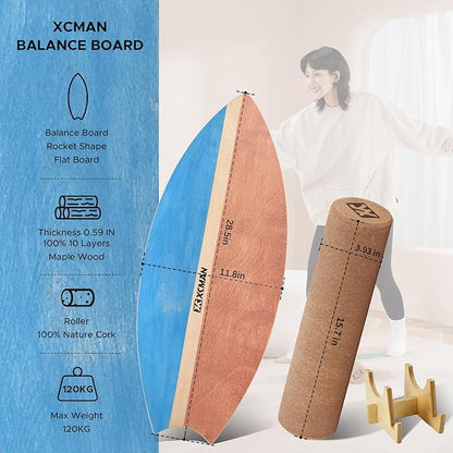XCMAN Surf Balance Board Trainer with Roller Wooden Exercise Balancing Stability Trainer - Non Slip