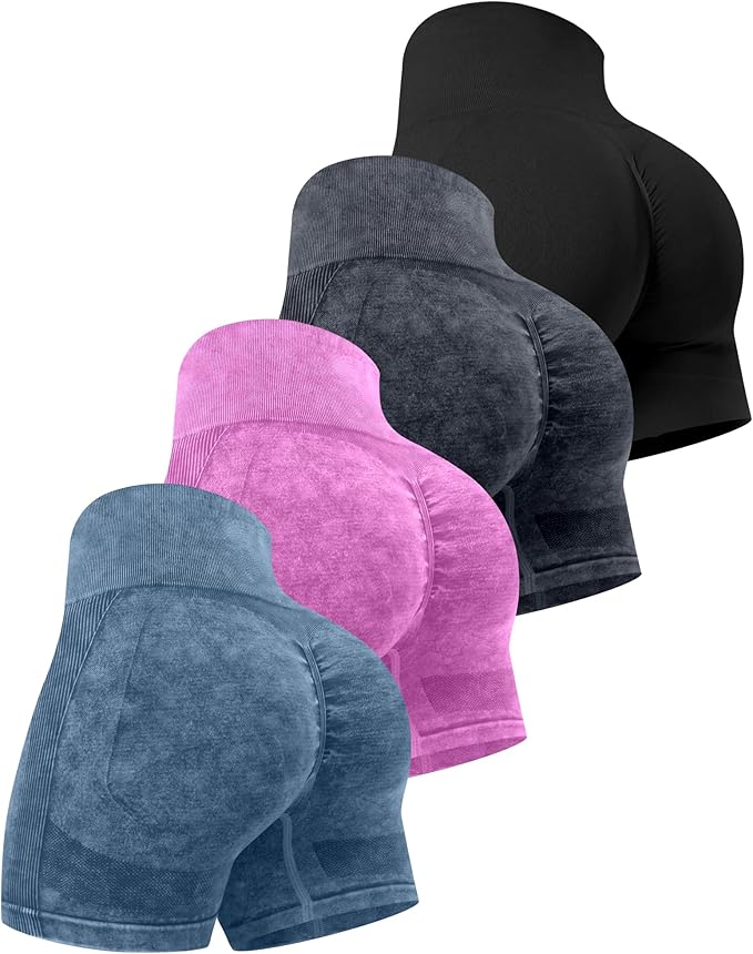 CHRLEISURE Women's 4 Packs Workout Gym Shorts, High Waisted Butt Lifting Scrunch Butt Seamless