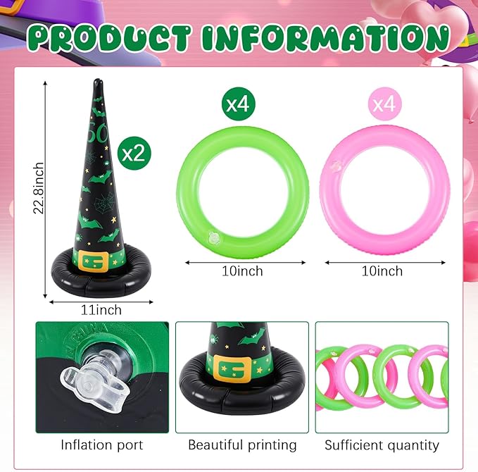Leitee 10 Pcs Halloween Inflatable Witch Hat Ring Toss Game Set Carnival Pink and Green Inflatable