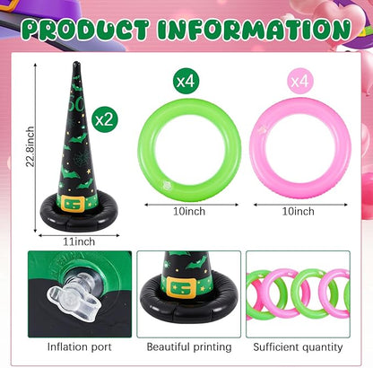Leitee 10 Pcs Halloween Inflatable Witch Hat Ring Toss Game Set Carnival Pink and Green Inflatable