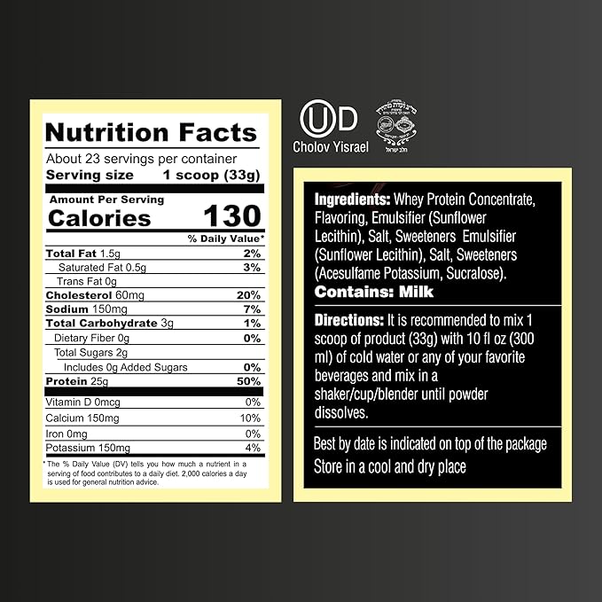 French Vanilla Whey Protein Powder. 25g Protein, 5.5g BCAA, Cholov Yisroel Kosher, Gluten-Free