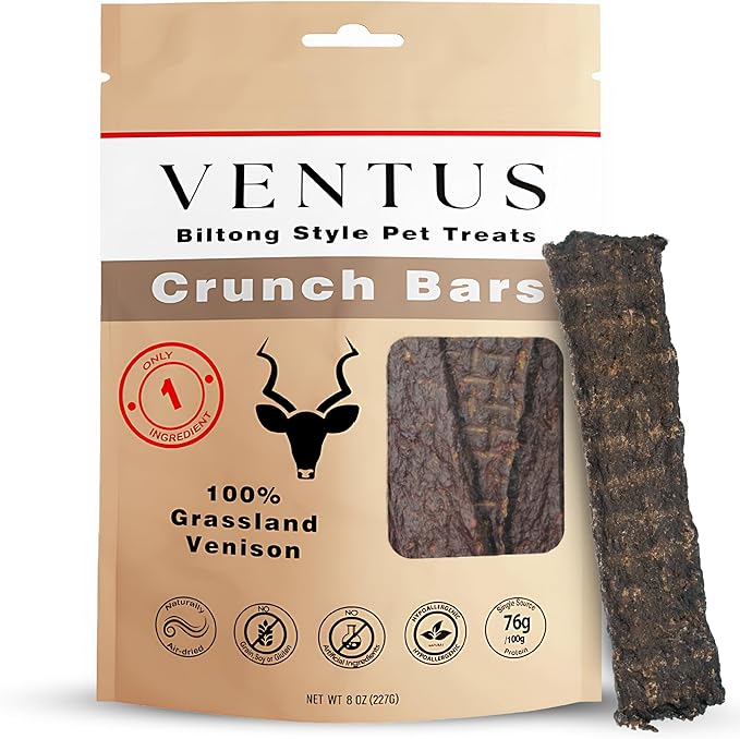 VENTUS Jerky Crunch Bars - Single Ingredient Venison Jerky Dog Training Treats, Healthy Air Dried