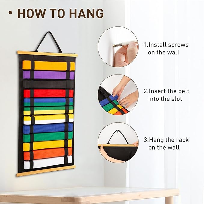 12Belts Karate Belt Display Rack with Bamboo Frame, Felt Taekwondo Belt Display, Martial Art Belt