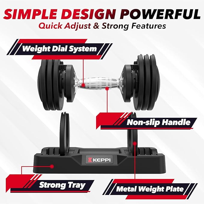 Keppi Adjustable Dumbbells Set-25lb/40lb/55lb/60lb, Anti-Slip Metal Fast Adjust Weight Handle