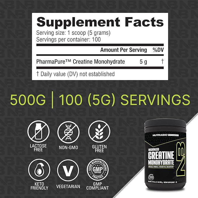 NutraBio Pure Micronized Creatine Monohydrate Powder Supplement, Unflavored, (500 g) - Supports