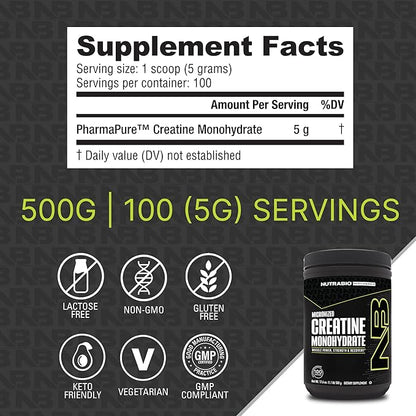 NutraBio Pure Micronized Creatine Monohydrate Powder Supplement, Unflavored, (500 g) - Supports