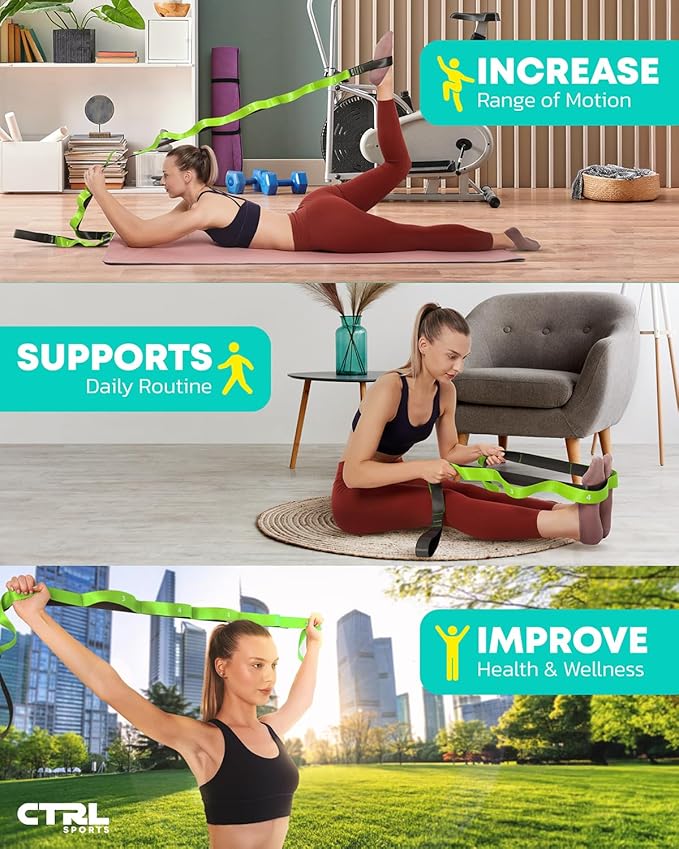 Stretching Strap with Loops - Non Elastic Stretch Band for Physical Therapy, Yoga Strap for