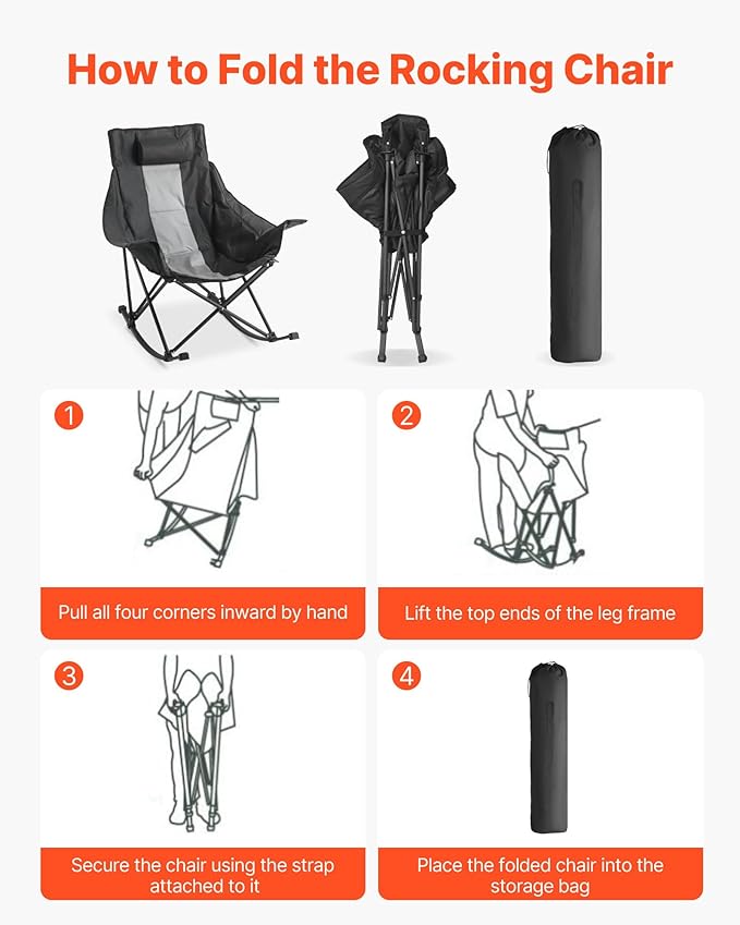 VEVOR Rocking Camping Chair, Portable Folding Rocker, Heavy-Duty Lawn Chair Recliner with Cupholder