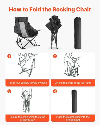VEVOR Rocking Camping Chair, Portable Folding Rocker, Heavy-Duty Lawn Chair Recliner with Cupholder