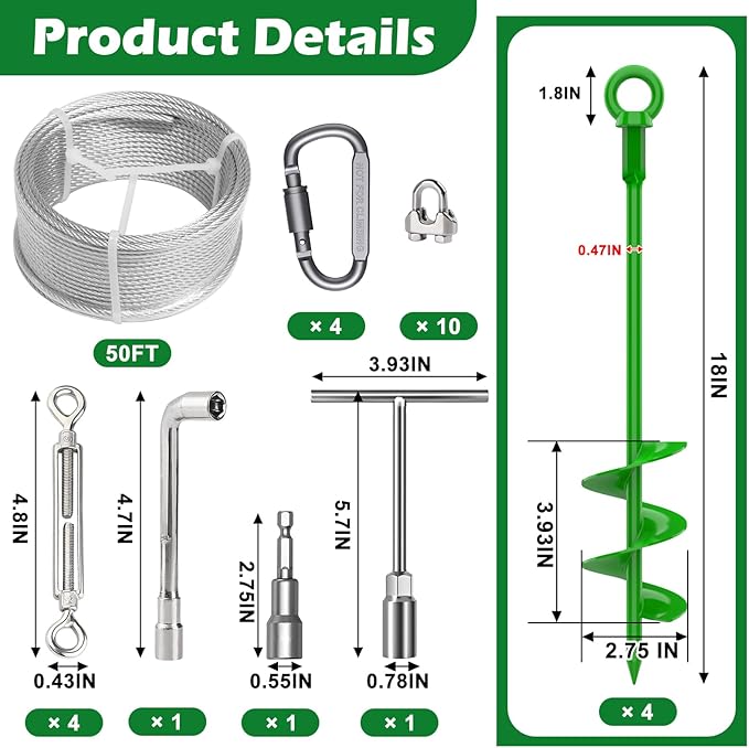 4 Pcs 18" Fully Welded Ground Anchors Shed Anchors Kit with 1/8" Galvanized Cable & Turnbuckles &