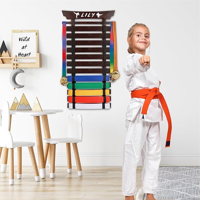 12 Belts Karate Belt Display Rack with Stickers, Martial Arts Belt Display Holder, Taekwondo Belt