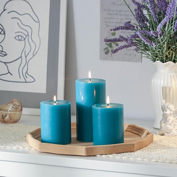 3x6 Inch Blue Pillar Candles Set of 3 - Unscented Pillar Candles, Long Burning Dripless Candles for